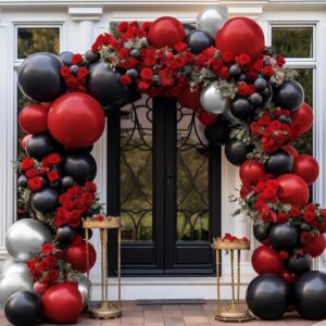 Black Red Silver Balloon Garland - Double Stuffed Dark Red Black Balloons Latex Ruby Red Maroon Metallic Balloon Arch Kit for Birthday Baby Shower Vanlentine's Day New Year Christmas Party Decor