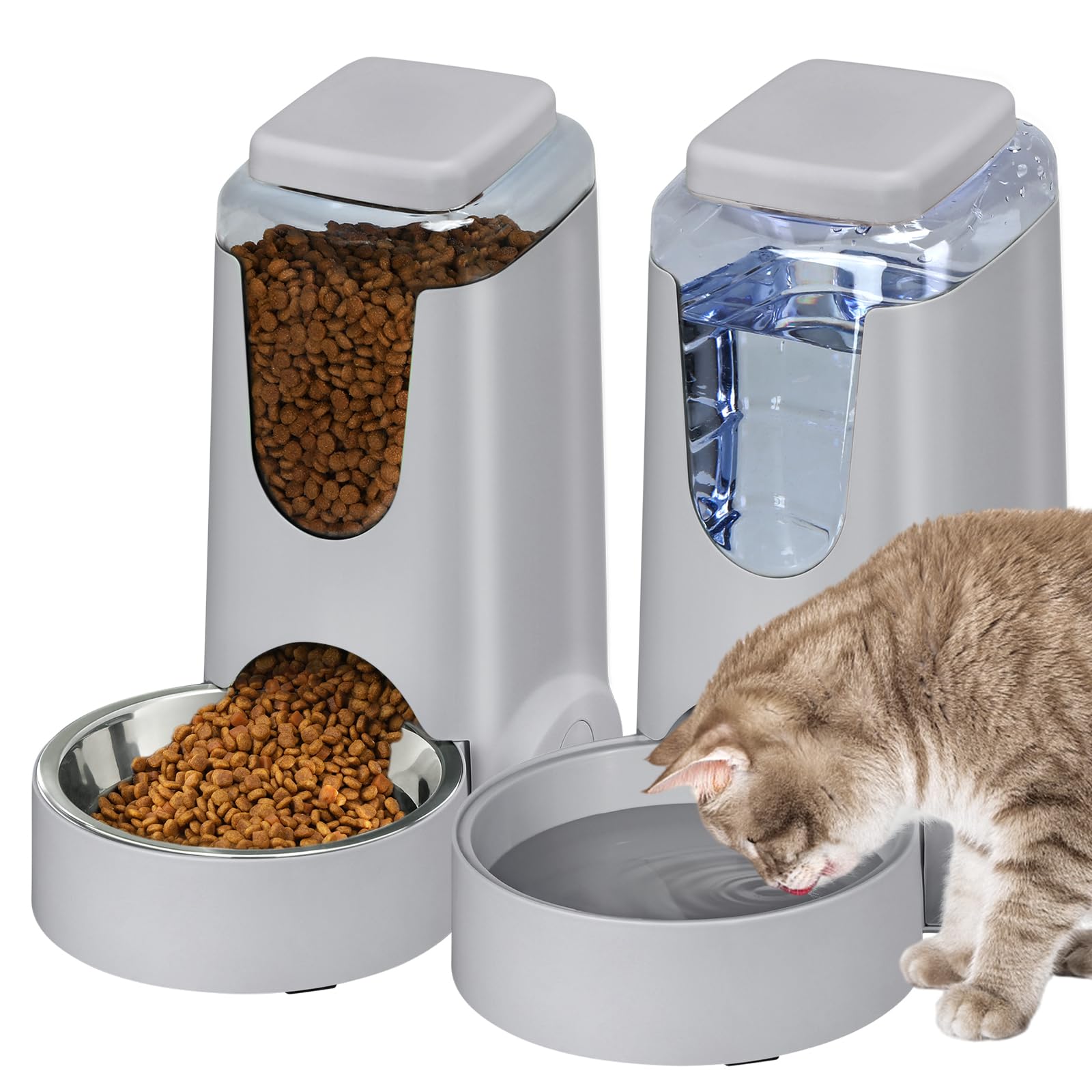 2 Pack Automatic Cat Feeder and Water Dispenser Dog Gravity Food Feeder and Waterer Self Feeding Bowls for Small Medium Pets Puppy Kitten (Grey)