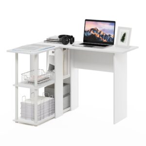 Furinno Abbott L-Shape Desk with Bookshelf, 41.14 (W) x 28.94 (H) x 34.45 (D) inches, White/White