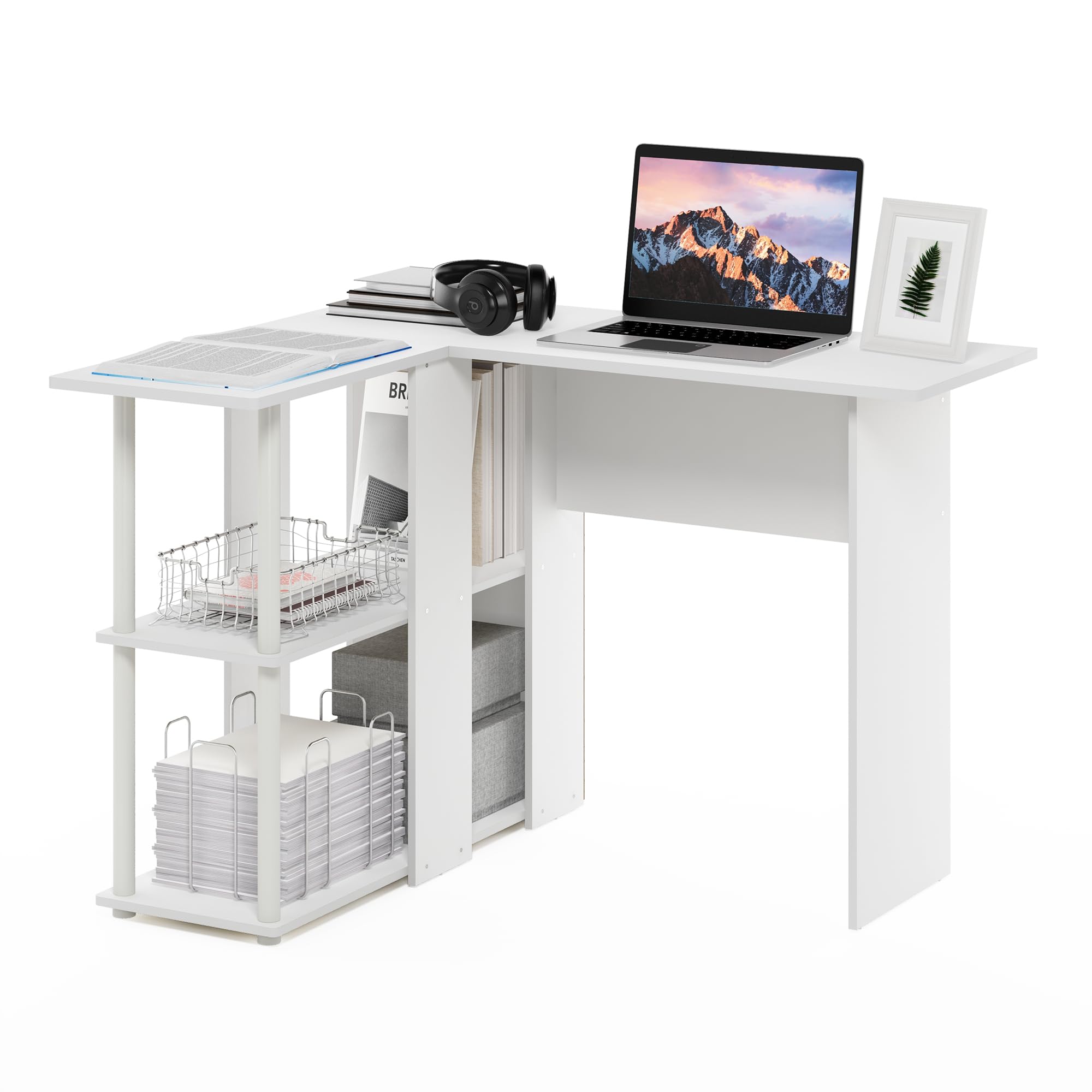 Furinno Abbott L-Shape Desk with Bookshelf, 41.14 (W) x 28.94 (H) x 34.45 (D) inches, White/White