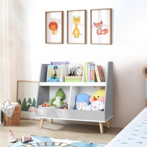 Cowiewie Nursery Bookshelf for Kids, Kids Bookshelf and Toy Storage Organizer, Wooden 5 Cubbies, Open Bookcase with Display, 2-Tier Freestanding Cabinet for Baby Room-White & Grey