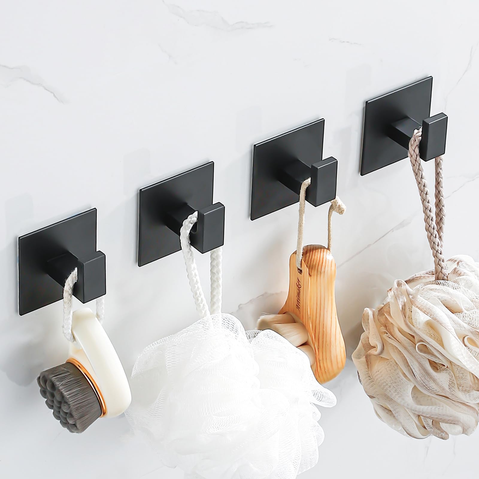 SAIWILLER 4 Pack Adhesive Black Towel Hooks Bathroom Shower Hook Robe Hanger Stickers Coat Hat Rack Square Metal Wall Hooks for Hanging