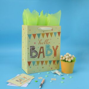 13" Large Light Yellow Gift Bag Set with Greeting Card and Green Tissue Paper(Hello Baby) for Baby Shower,Kids Birthday Party,Baby Boy or Girl, Newborn,New Moms or Parents 10.2”x5.2”x13”, 1 Pcs