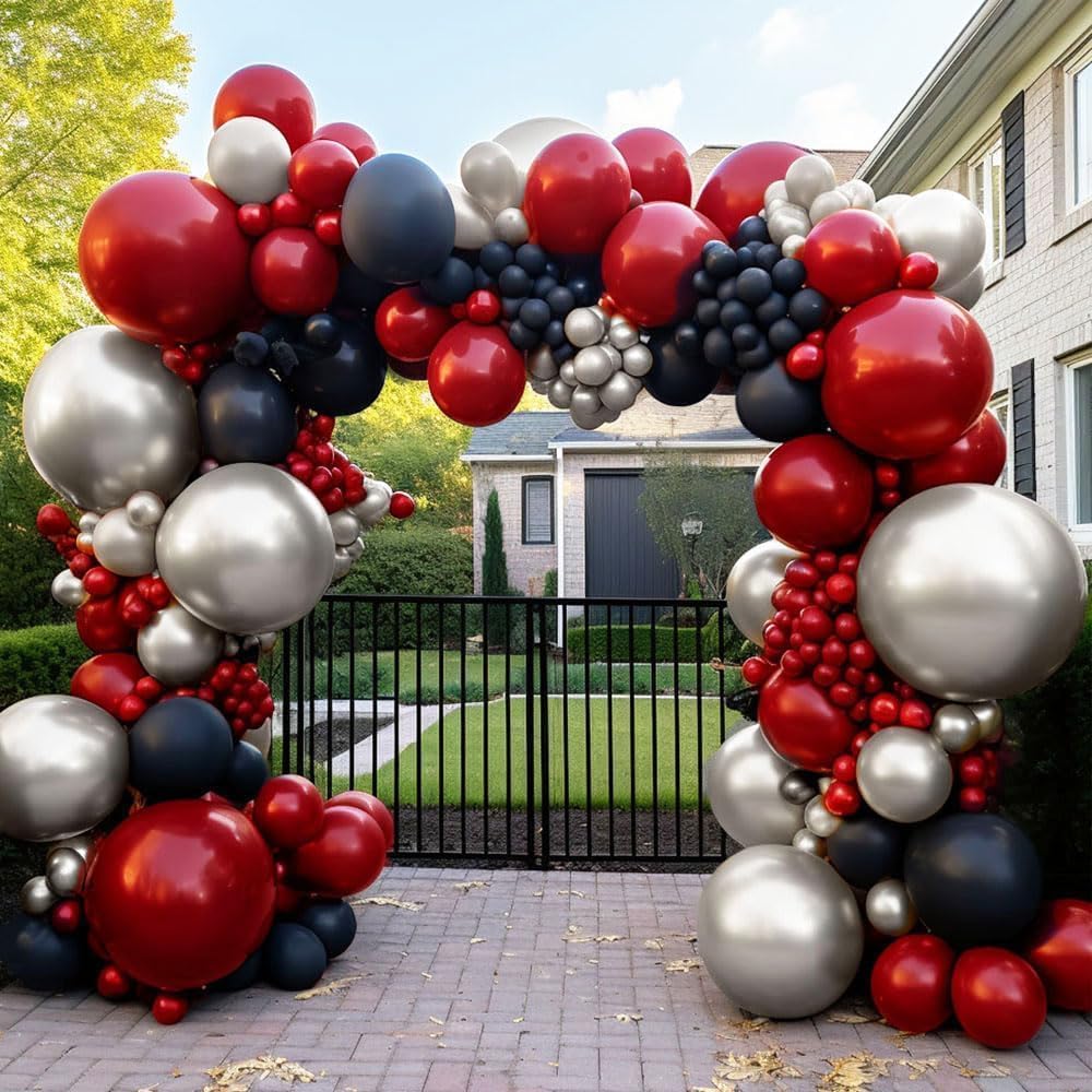 Black Red Silver Balloon Garland - Double Stuffed Dark Red Black Balloons Latex Ruby Red Maroon Metallic Balloon Arch Kit for Birthday Baby Shower Vanlentine's Day New Year Christmas Party Decor