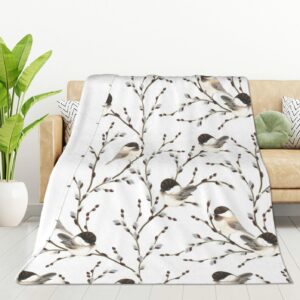 HGOD DESIGNS Bird Throw Blanket Flannel Fleece Blanket Willow Branches and Birds Black-Capped Chickadee Lightweight Throw for Bed Sofa Travel Teens Birthday s 50" x 60