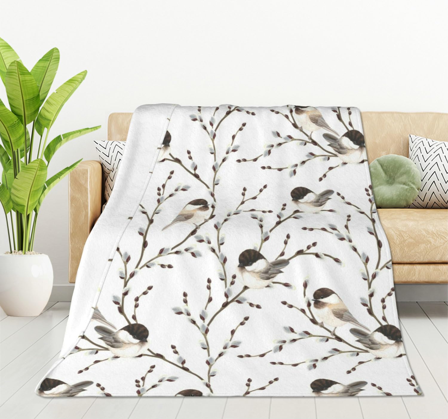 HGOD DESIGNS Bird Throw Blanket Flannel Fleece Blanket Willow Branches and Birds Black-Capped Chickadee Lightweight Throw for Bed Sofa Travel Teens Birthday s 50" x 60