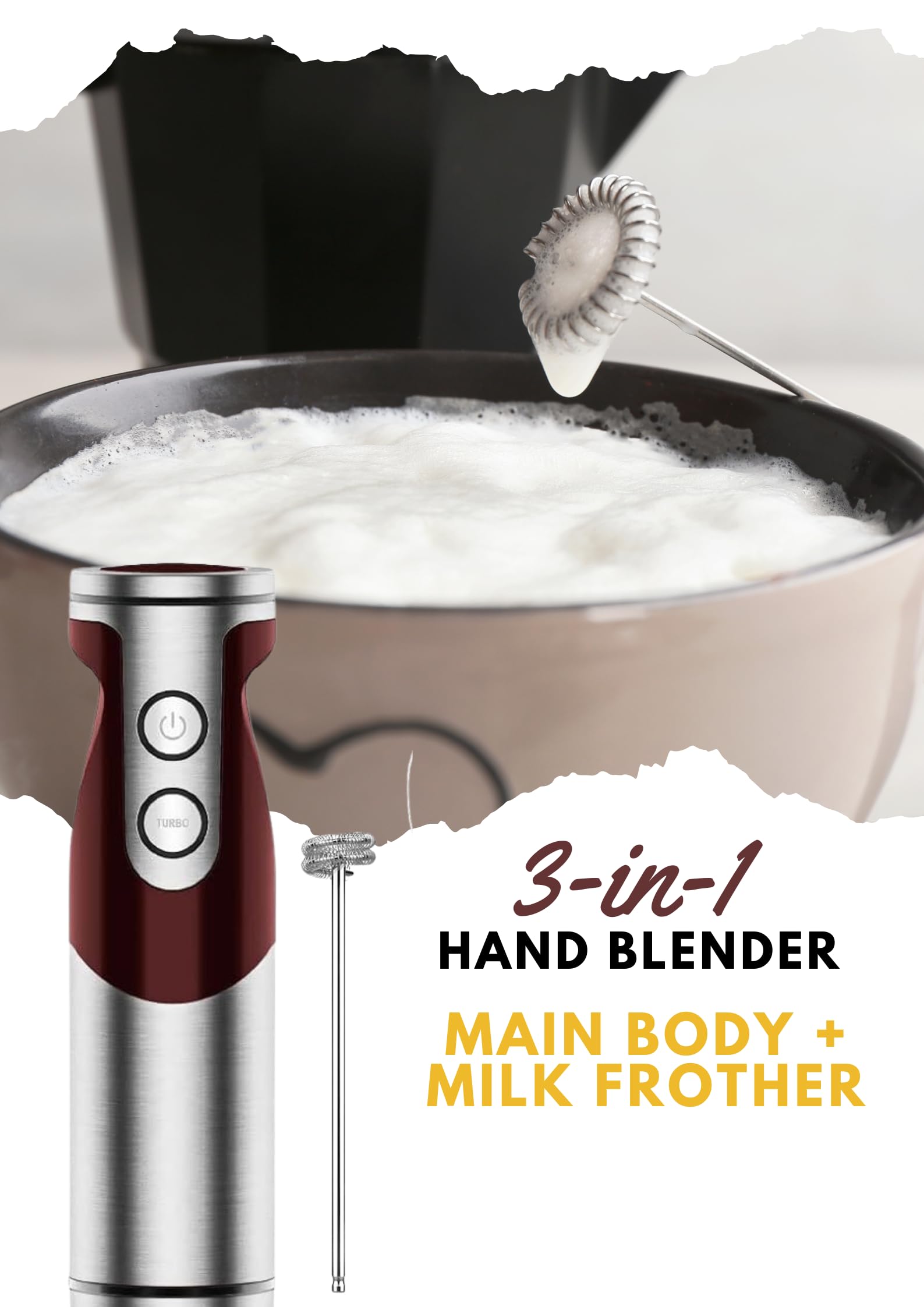 Megawise 3-in-1 Hand Blender – 12-Speed, Includes Powerful Blender Stick, Whisk, and Milk Frother – Easy to Clean and Perfect for Smoothies, and More (Red)