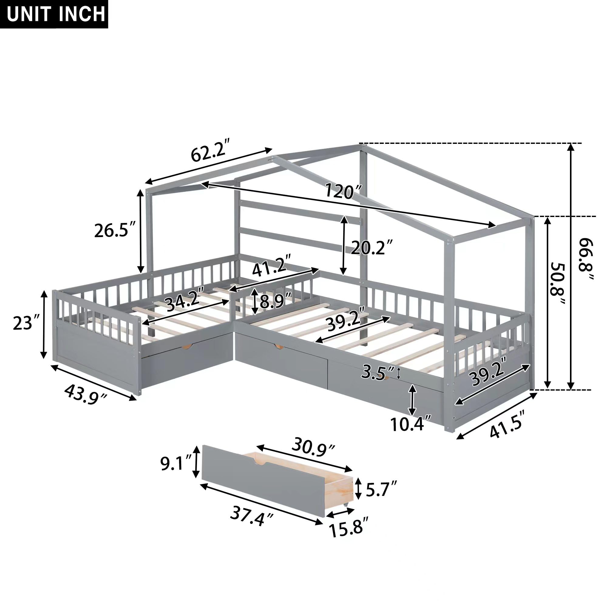 Merax House Bed for 2 Kids Twin Size, Wood L-Shaped Double Platform Bed with 3 Storage Drawers, for Boys Girls Teens, Grey