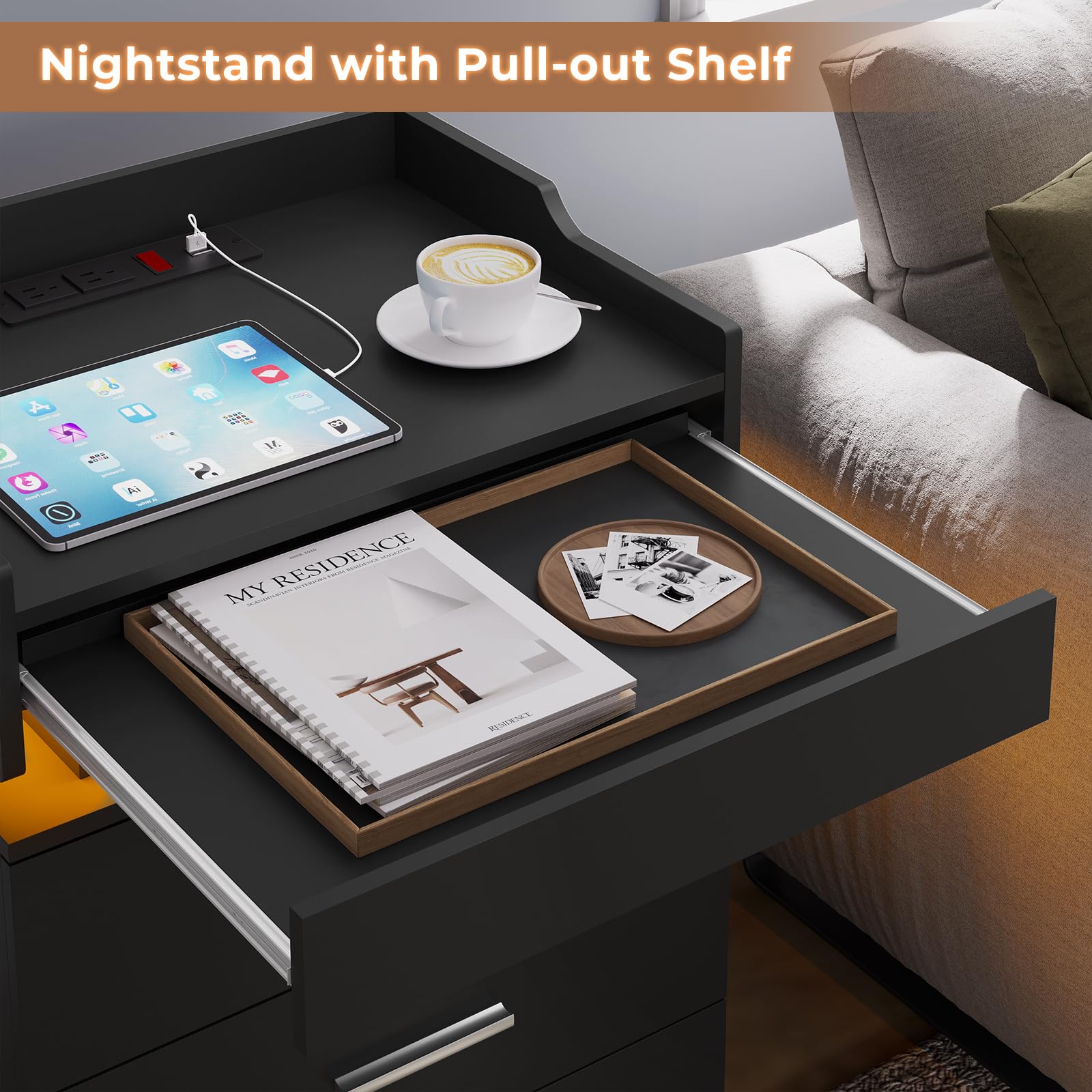 HAUOMS Black Nightstand Set of 2,LED Night Stand with Charging Station & Pull-Out Tray,Bedside Table with Drawers,Modern End Table Side Table Storage Cabniet