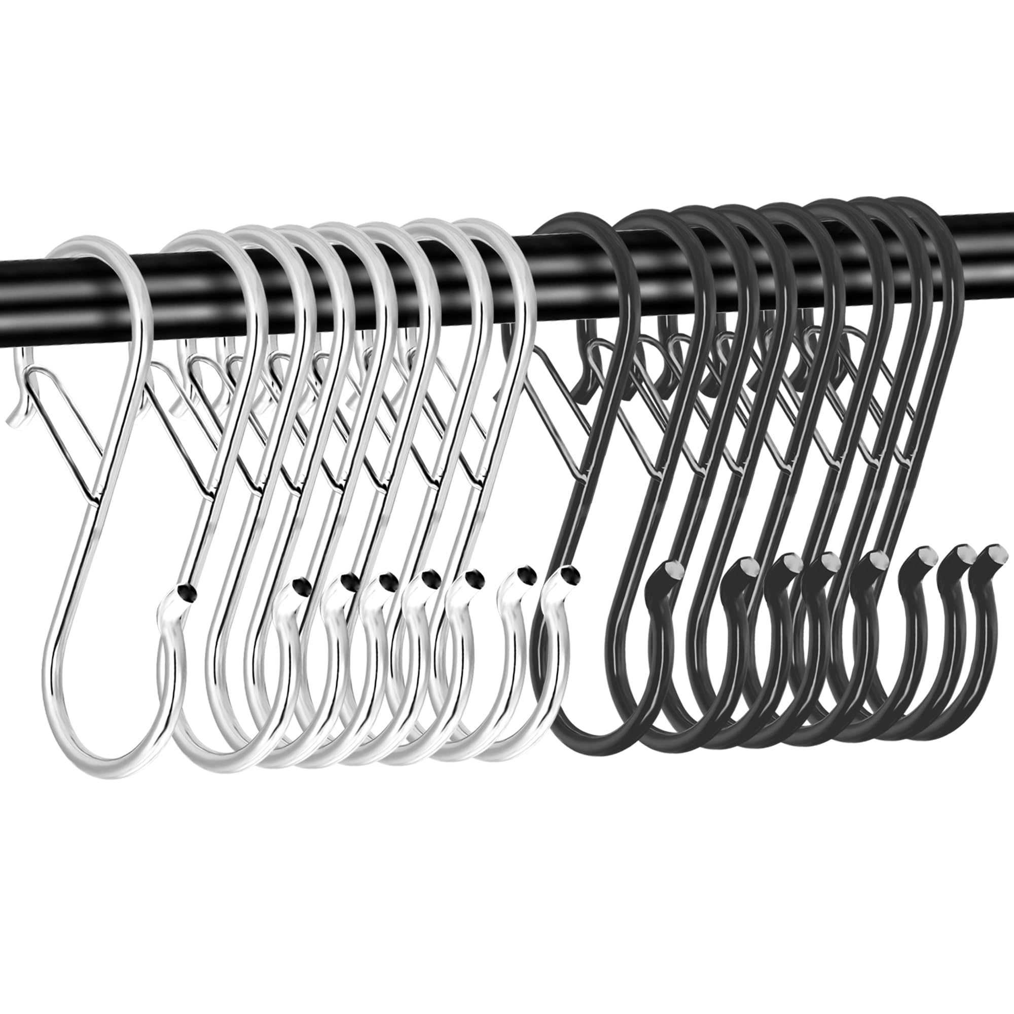 DIFENLUN 16pcs S-Hooks/8pcs Black 8pcs Silver w/Safety Clasp/Kitchen Pot Rack, Closet Hooks/Suitable for Closet Hooks, Clothes, Kitchen Utensils, Pots and Pans