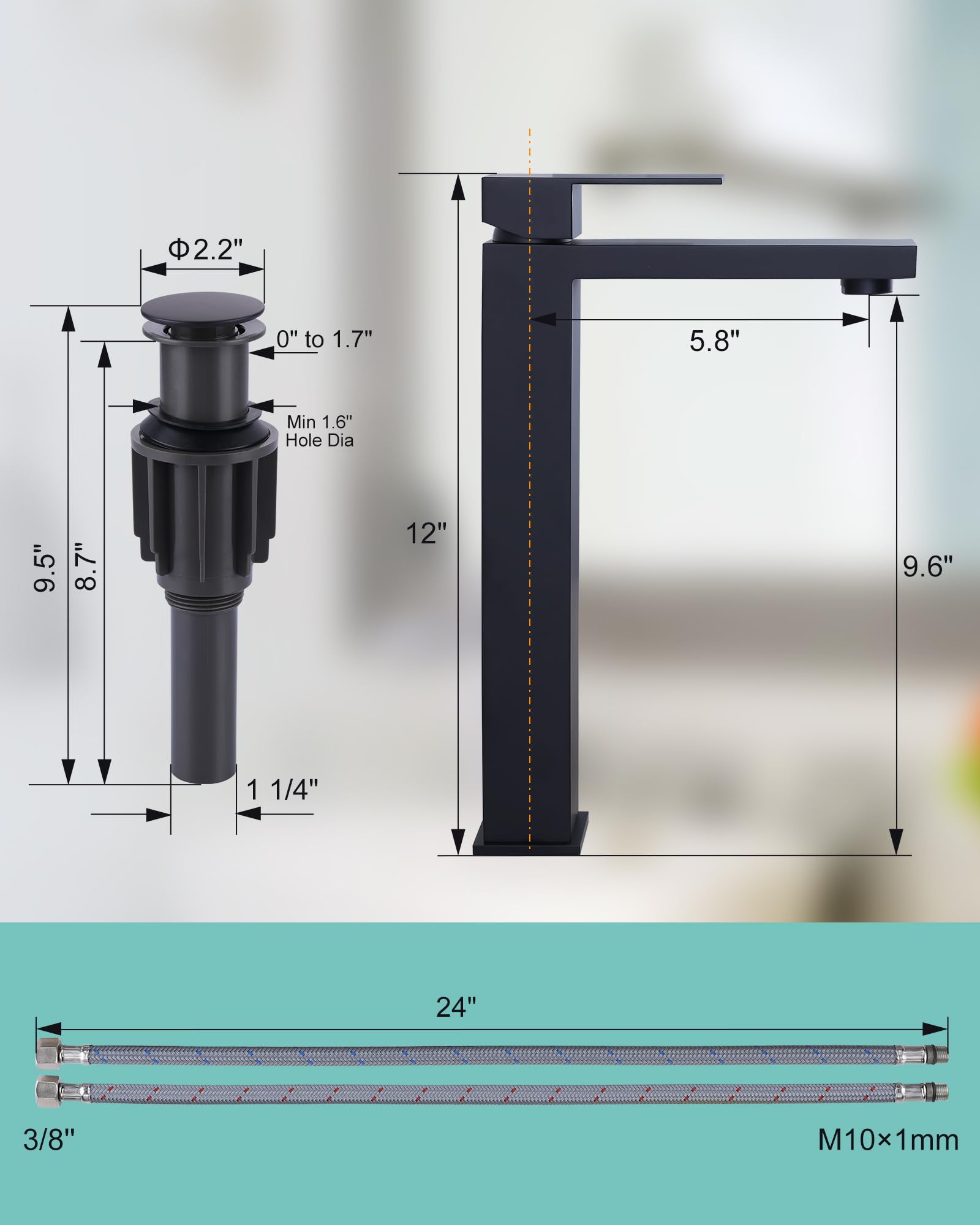 Vessel Sink Faucet Matte Black, ARCORA Single Handle Tall Bathroom Faucet, Single Hole Lavatory Vanity Mixer Bar Tap with Pop Up Drain and Faucet Supply Lines