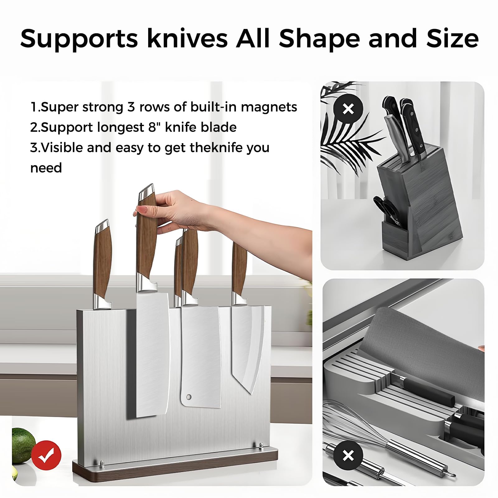 Fomidao Magnetic Knife Holder Stand,Stainless Steel Magnetic Knife Block Without Knives,Power Magnetic Knife Rack Strip,Double Sided Magnet Knife Storage Organizer