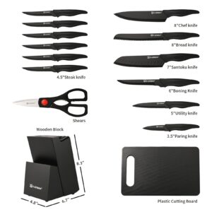 KATISUN 16 Pieces Kitchen Knife Block Set with Cutting Board, German Stainless Steel Knife Set with Sharpener, Dishwasher Safe, Anti-Slip Handle, 6 Steak Knives, Black