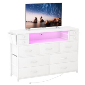 drawerhom dresser tv stand with power outlets and led lights for 55'' tv, 11 drawers dresser with side pocket, fabric chest of drawers with pu finish, sturdy frame & wood top (white)