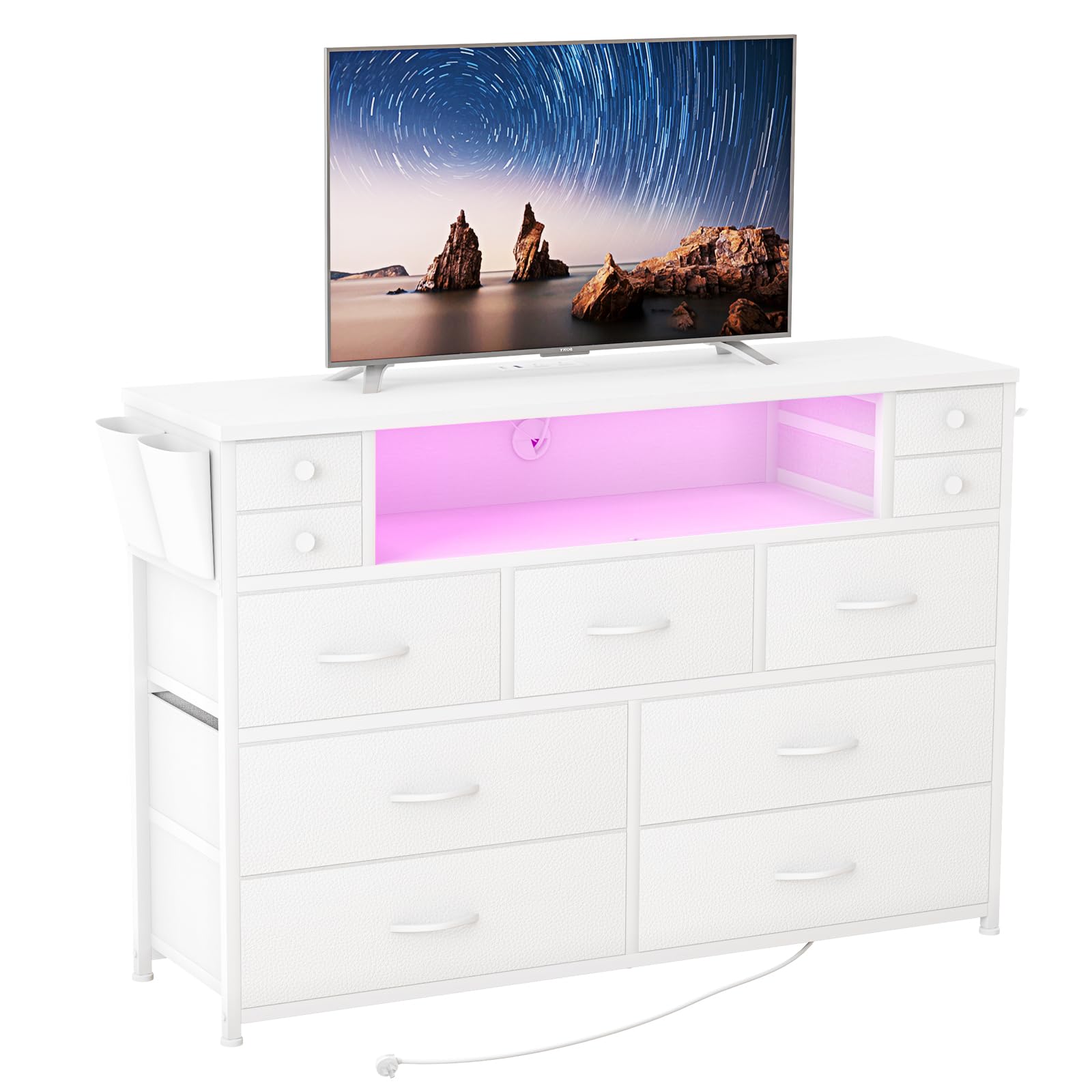 DRAWERHOM Dresser TV Stand with Power Outlets and LED Lights for 55'' TV, 11 Drawers Dresser with Side Pocket, Fabric Chest of Drawers with PU Finish, Sturdy Frame & Wood Top (White)