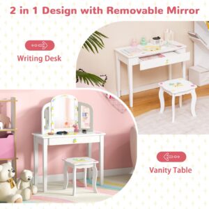 HONEY JOY Kids Vanity Set, Toddler Beauty Makeup Dressing Table w/Stool & Drawer, Tri-Fold Silver Mirror, Detachable Top, Pineapple Theme Wooden Princess Pretend Play Vanity Set for Little Girls