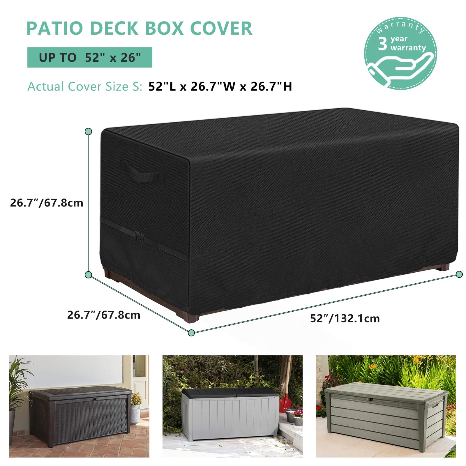 Kovshuiwe Deck Box Cover 52" L x 26.7" W x 26.7" H- Heavy Duty 600D Polyester Oxford Deck Box to Protect Large, 100% Waterproof Deck Box Cover, Outdoor Rectangular Storage Bench Covers