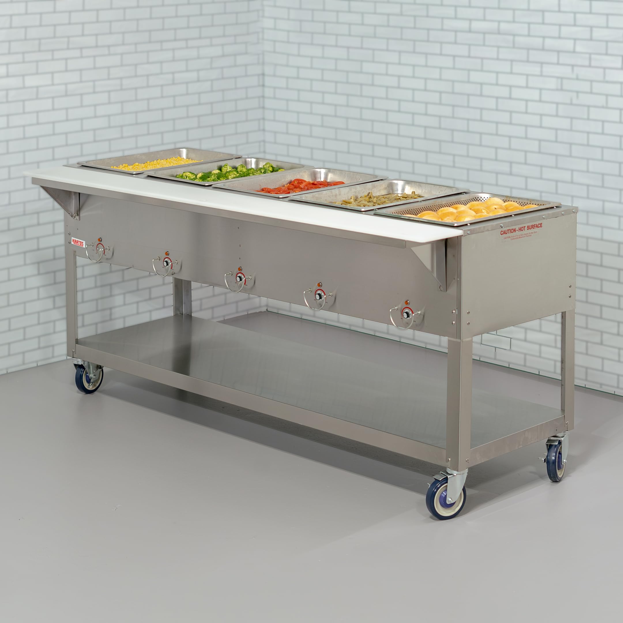 Kratos Commercial Mobile Electric Steam Table/Hot Food Table, 5 Wells, Stainless Steel, NSF 240V (28W-200)