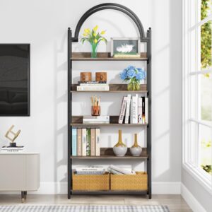 Tribesigns 5-Shelf Arched Bookcase, 72 inch Tall Rustic Wood Shelf with Black Metal Frame, Industrial Freestanding Open Bookshelf for Bedroom, Living Room,Small Spaces (Oak+Black, 1PC)