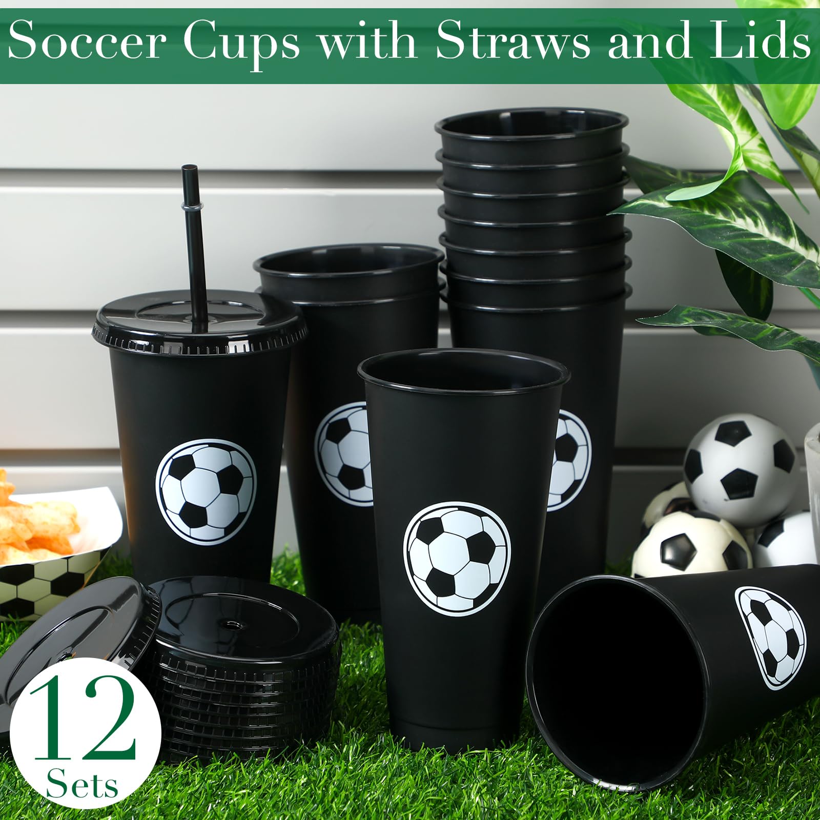 Domensi 12 Pcs Sport Soccer Plastic Tumbler with Lid and Straw 24oz Reusable Plastic Cups Sports Gifts for Fan Friend Guest Birthday Office Sport Party Supplies