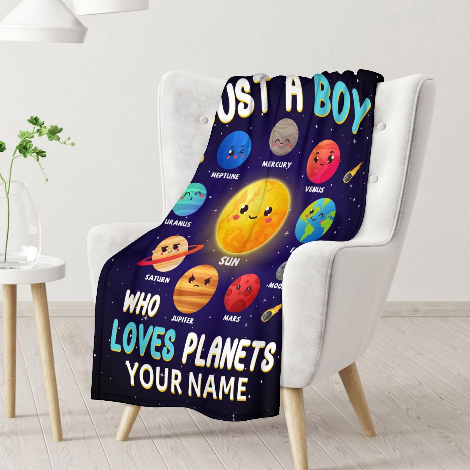 Custom Planet Blanket Gifts with Name - 40x30 Inches Cute Planets Throw Blanket for Kids, Boys & Men - Dark Blue Soft Fuzzy Blankets for Lap, Chair