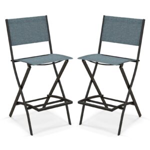 tangkula outdoor barstools set of 2, counter height folding bar chairs with back and footrest, versatile patio dining chairs with breathable fabric & heavy-duty metal frame (2, bluish-grey)