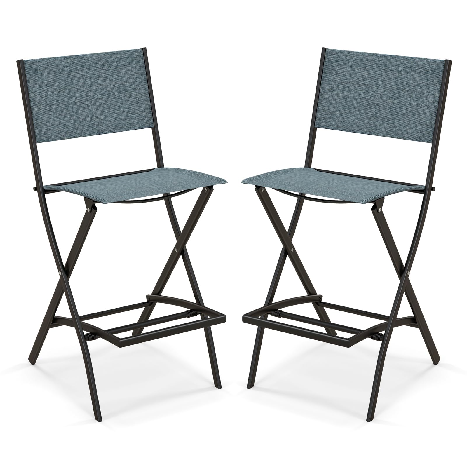 Tangkula Outdoor Barstools Set of 2, Counter Height Folding Bar Chairs with Back and Footrest, Versatile Patio Dining Chairs with Breathable Fabric & Heavy-Duty Metal Frame (2, Bluish-Grey)