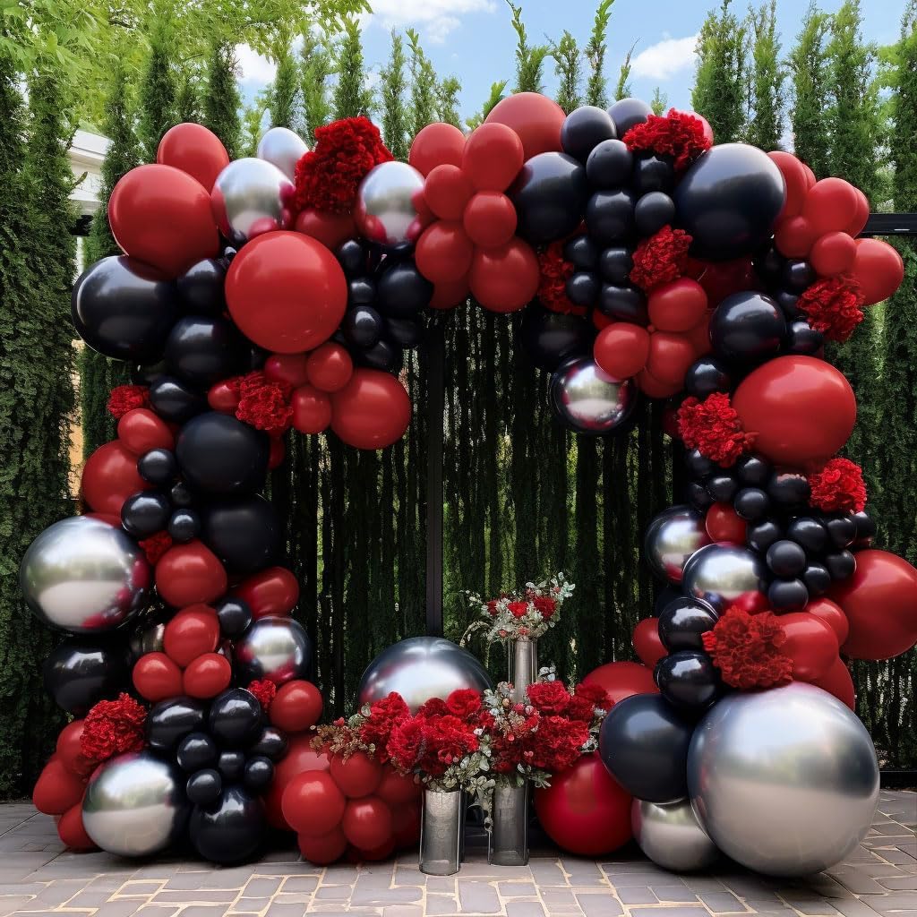 Black Red Silver Balloon Garland - Double Stuffed Dark Red Black Balloons Latex Ruby Red Maroon Metallic Balloon Arch Kit for Birthday Baby Shower Vanlentine's Day New Year Christmas Party Decor