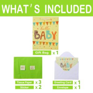 13" Large Light Yellow Gift Bag Set with Greeting Card and Green Tissue Paper(Hello Baby) for Baby Shower,Kids Birthday Party,Baby Boy or Girl, Newborn,New Moms or Parents 10.2”x5.2”x13”, 1 Pcs