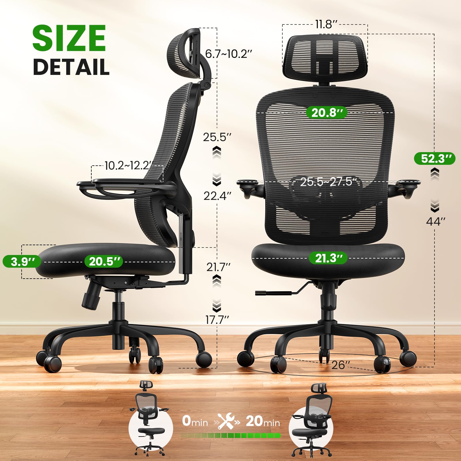 Ergonomic Office Chair Big and Tall - 350LBS Capacity, 6'5" Tall Max, Computer Desk Chairs Over 10 Hours Comfortable, with Adjustable Mesh High Back, Lumbar Support, 3D Headrest, Flip-up Arms