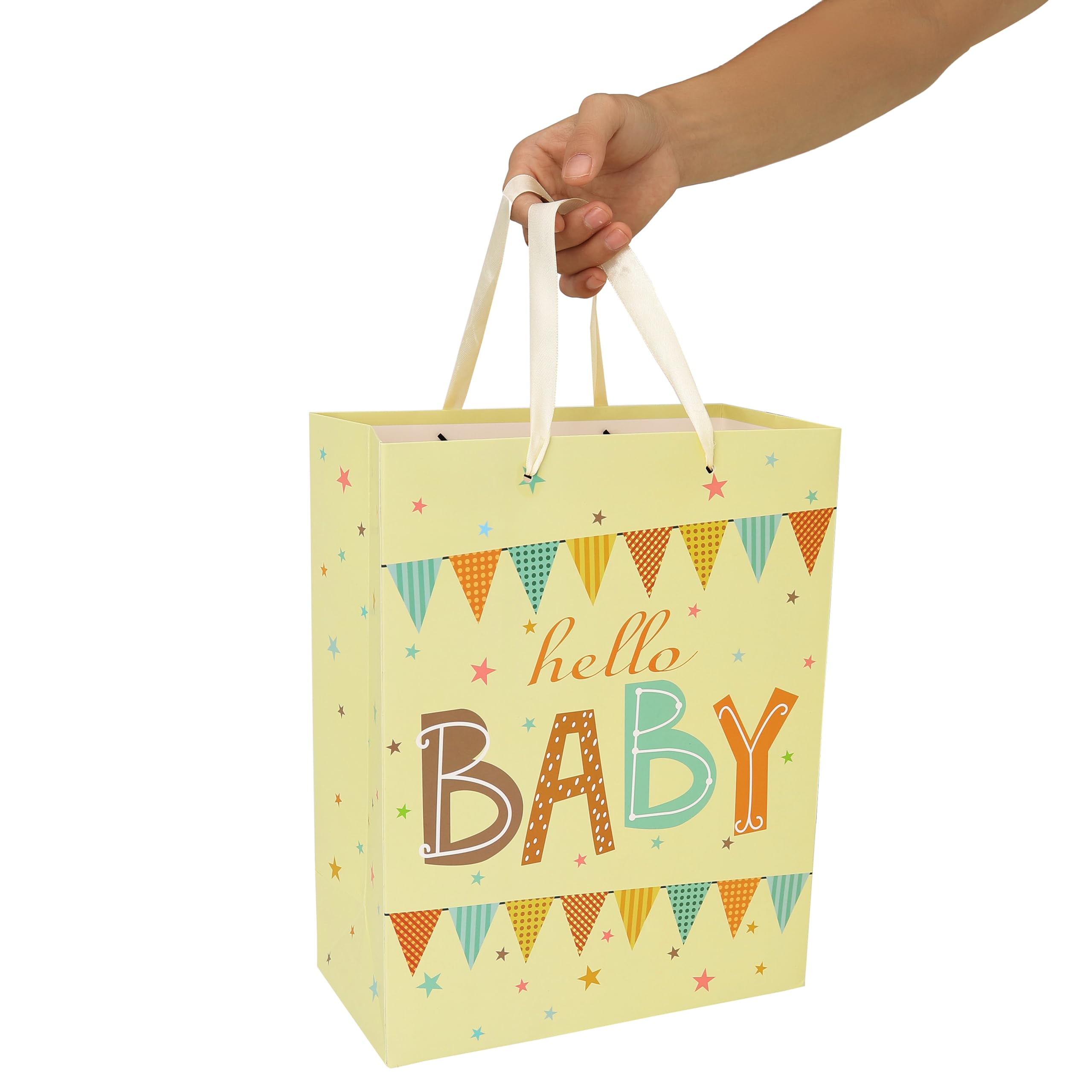 13" Large Light Yellow Gift Bag Set with Greeting Card and Green Tissue Paper(Hello Baby) for Baby Shower,Kids Birthday Party,Baby Boy or Girl, Newborn,New Moms or Parents 10.2”x5.2”x13”, 1 Pcs