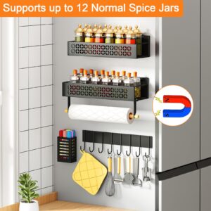 Magnetic Spice Rack for Refrigerator with Paper Towel Holder, 5 Pack Magnetic Shelf Fridge Spice Rack Organizer shelves, Moveable Metal Magnet Utensil Holder and 8-Hook Rack for Kitchen, Black