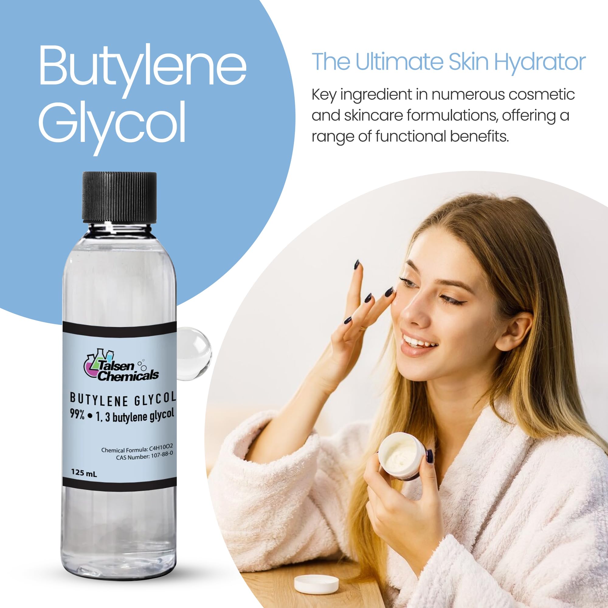 Butylene Glycol Cosmetic Grade (125 mL / 4.22 Oz), Organic Butylene Glycol Moisturizer for Skincare - Emollient Prevents Water Loss from Skin - Skincare 1,3 Butylene Glycol by Talsen Chemicals