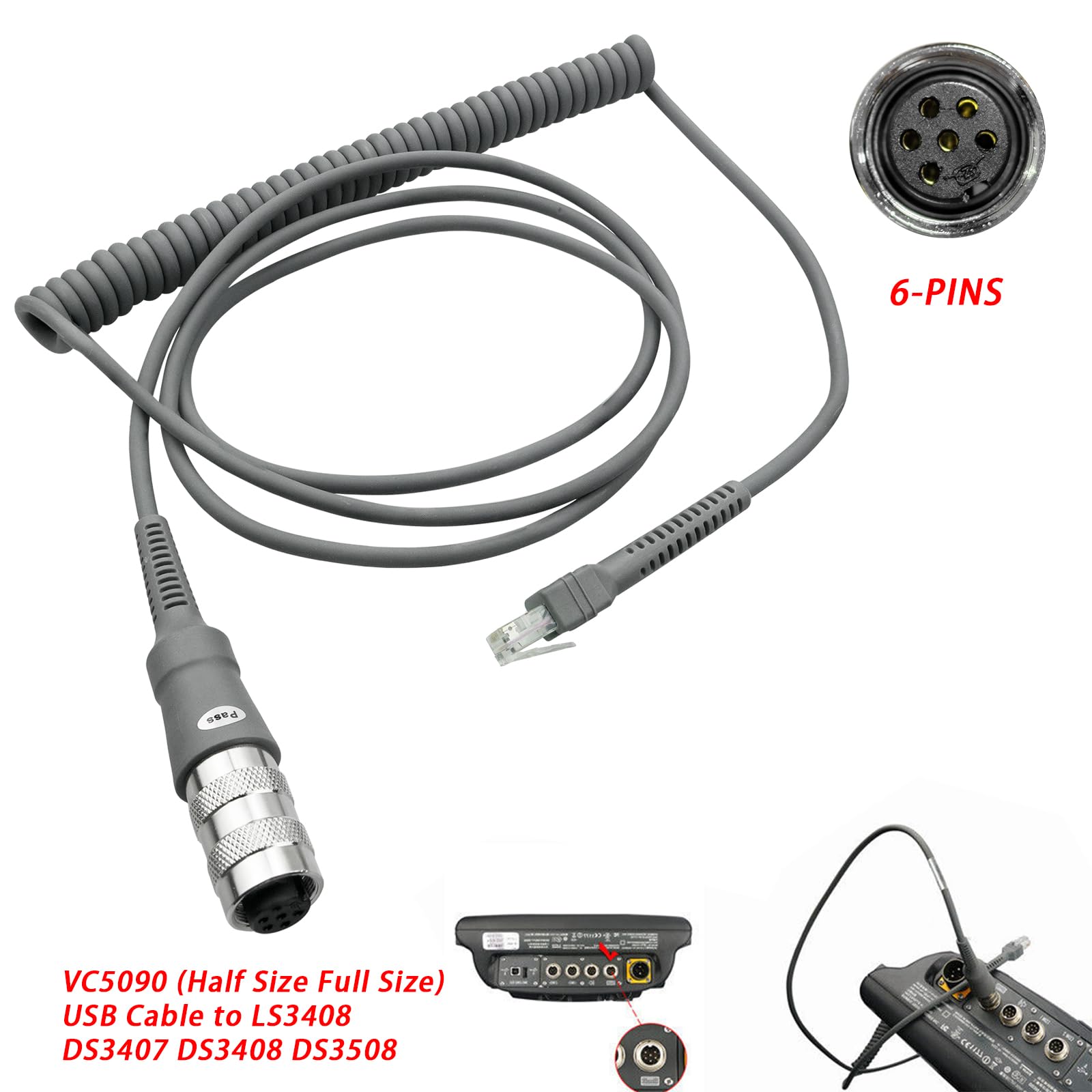 CARPSDZY USB Scanner Cable Replacement 25-71918-01R for Symbol VC5090 to LS3408 DS3407 DS3408 DS3508 Handheld Barcode Scanner Mobile Computer, 6Pin, 9ft Coiled