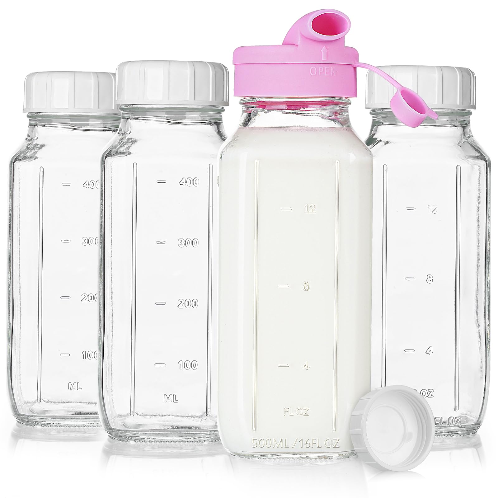 4 Pack 16 Oz Square Glass Milk Bottle With A Silicone Dispenser Cap, Glass Juice Bottles with Airtight Screw Lid, Drinking Bottles With Capacity Marks