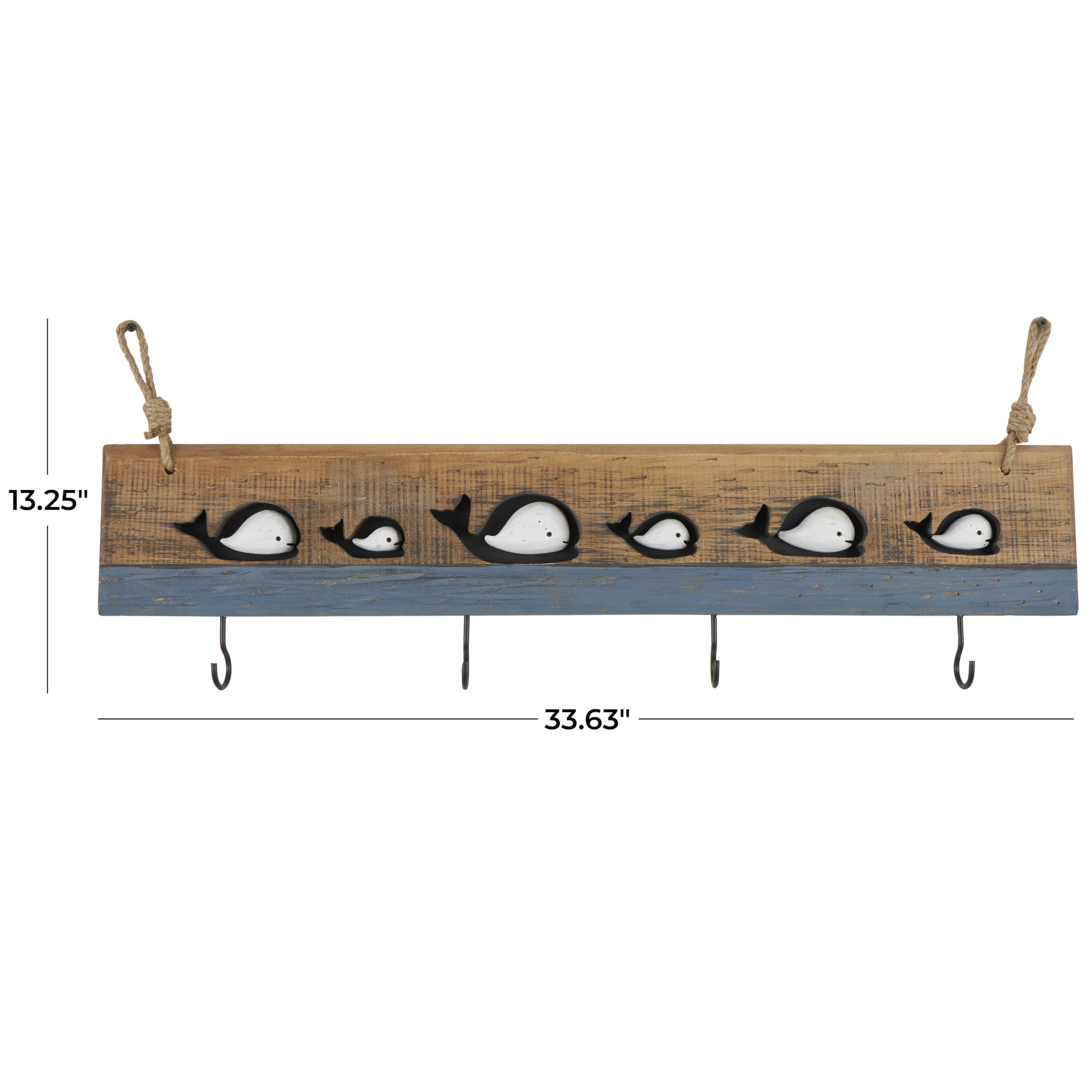 Deco 79 Wood Handmade Distressed 4 Hanger Wall Hook with White Whales and Hanging Rope, 34" x 2" x 13", Brown