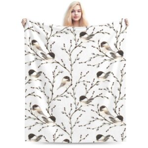 HGOD DESIGNS Bird Throw Blanket Flannel Fleece Blanket Willow Branches and Birds Black-Capped Chickadee Lightweight Throw for Bed Sofa Travel Teens Birthday s 50" x 60