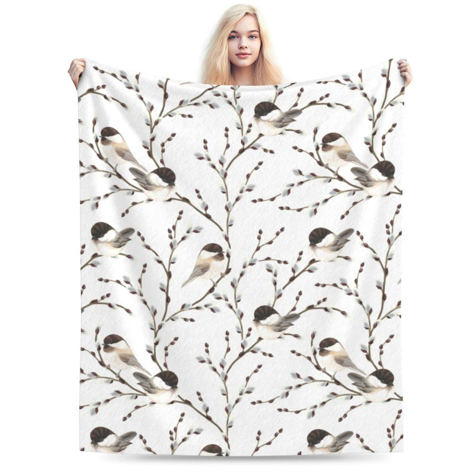 HGOD DESIGNS Bird Throw Blanket Flannel Fleece Blanket Willow Branches and Birds Black-Capped Chickadee Lightweight Throw for Bed Sofa Travel Teens Birthday s 50" x 60