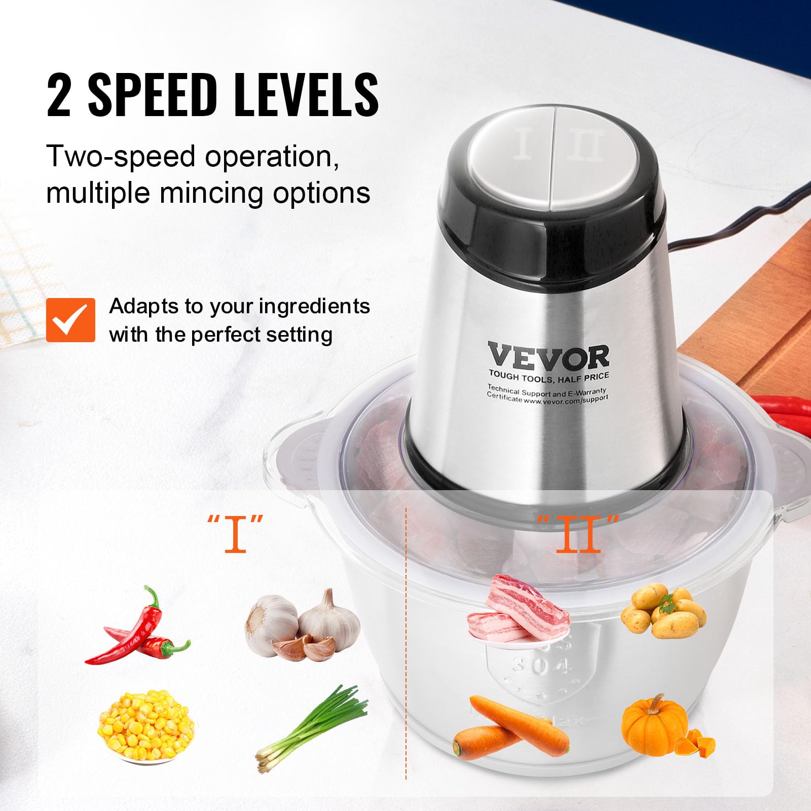 VEVOR Food Processor, Mini Electric Chopper 400W, 2 Speeds Electric Meat Grinder, Stainless Steel Meat Blender, for Baby Food, Meat, Onion, Vegetables, 8 Cup