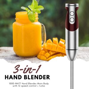 Megawise 3-in-1 Hand Blender – 12-Speed, Includes Powerful Blender Stick, Whisk, and Milk Frother – Easy to Clean and Perfect for Smoothies, and More (Red)