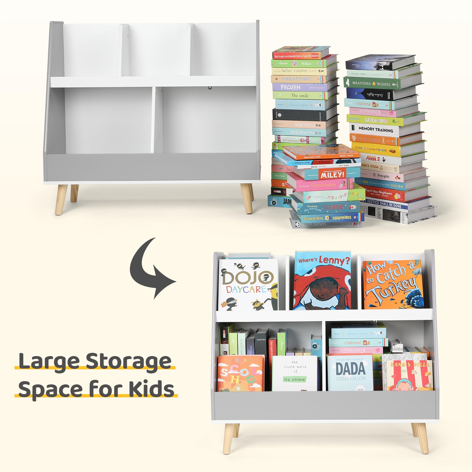 Cowiewie Nursery Bookshelf for Kids, Kids Bookshelf and Toy Storage Organizer, Wooden 5 Cubbies, Open Bookcase with Display, 2-Tier Freestanding Cabinet for Baby Room-White & Grey