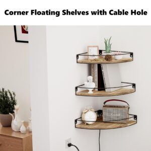 Oxendon Corner Floating Shelves, Corner Wall Shelf with Cable Hole Wall Corner Shelf Wall Mounted Wood Corner Shelves for Wall, Rustic Brown Set of 3