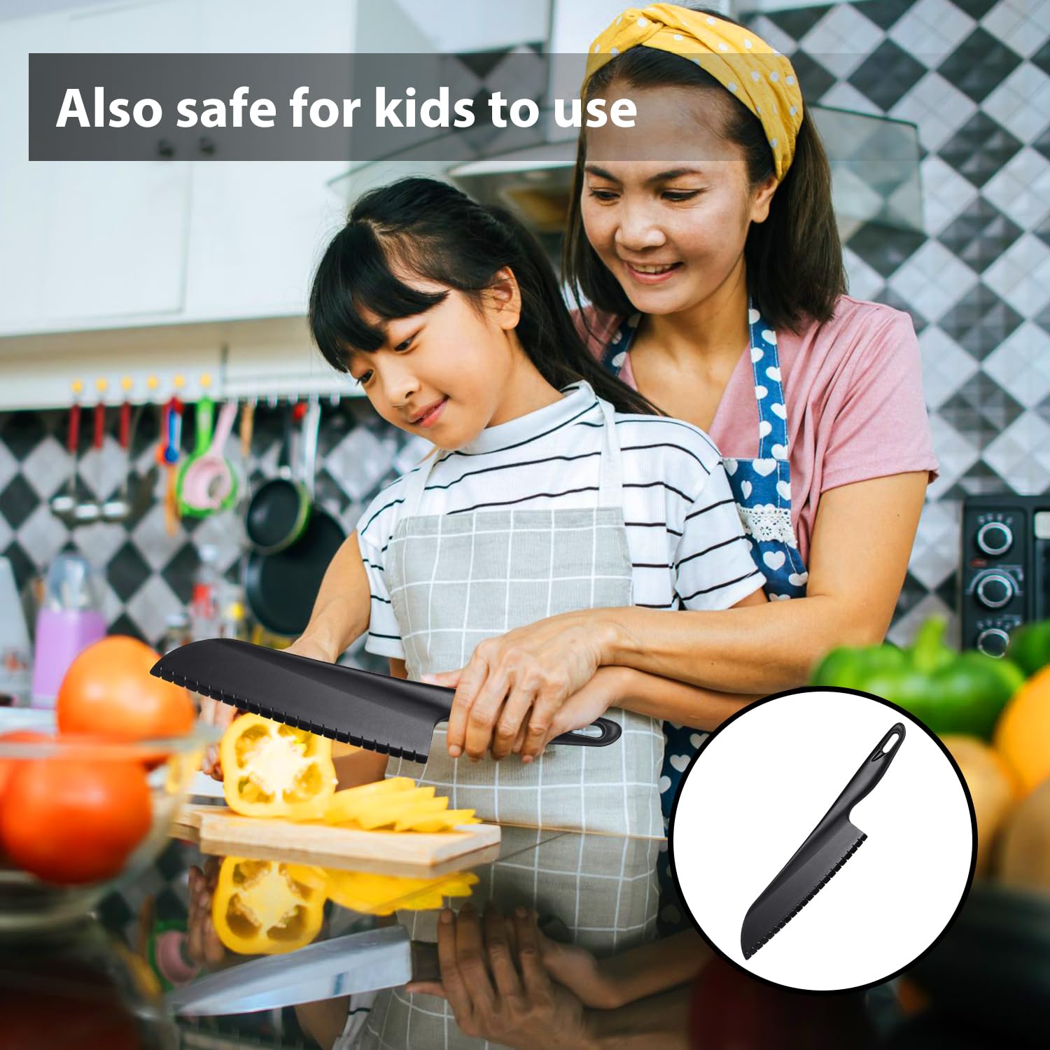 ChaLeeMoo 11" Nylon Knife for Nonstick Pans, Plastic Serrated Kitchen Knife to Cut Cake Brownie Pie Lasagna or Various Veggies and Fruits, Non Metal Knife, Salad or Lettuce Knife, Black