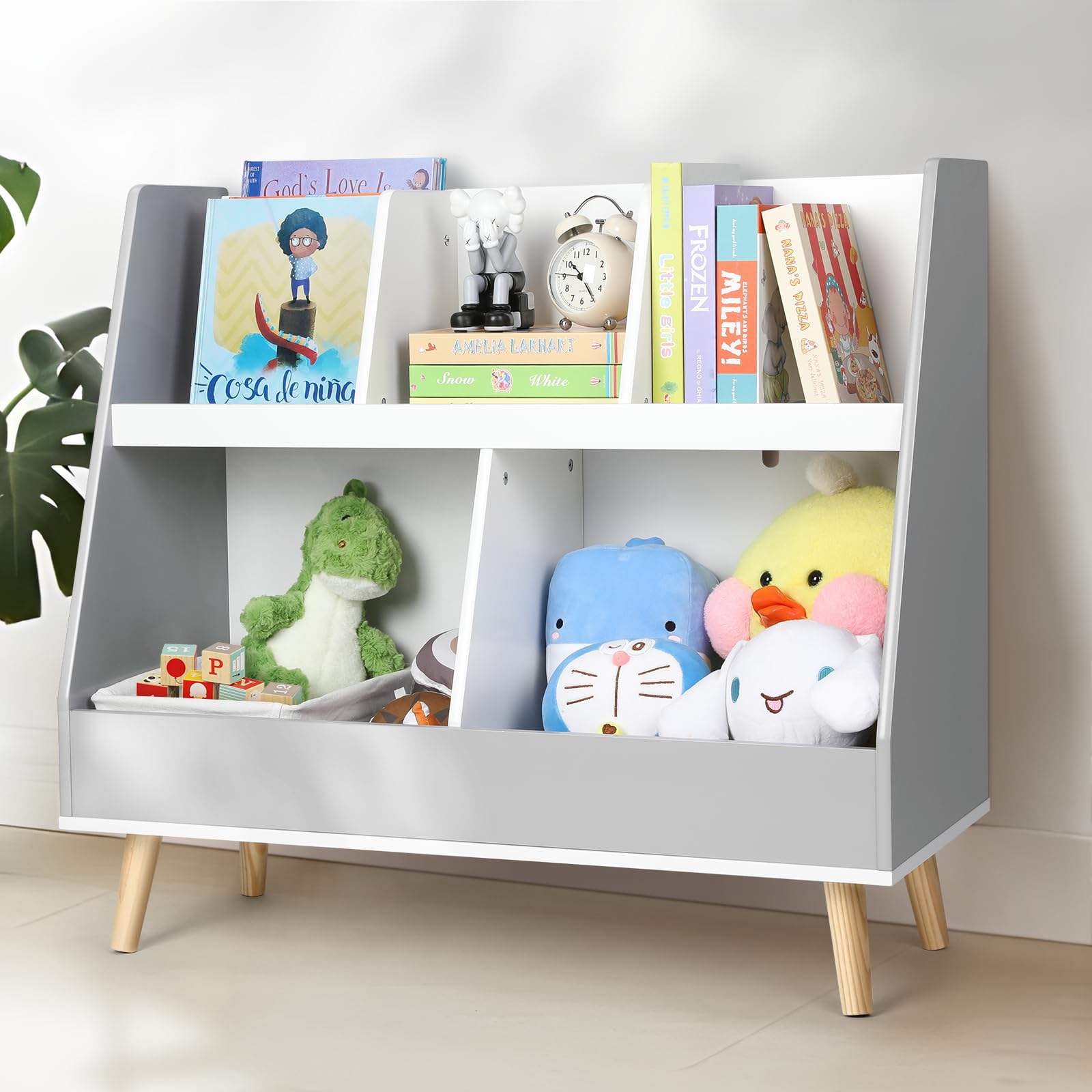 Cowiewie Nursery Bookshelf for Kids, Kids Bookshelf and Toy Storage Organizer, Wooden 5 Cubbies, Open Bookcase with Display, 2-Tier Freestanding Cabinet for Baby Room-White & Grey