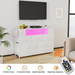 DRAWERHOM Dresser TV Stand with Power Outlets and LED Lights for 55'' TV, 11 Drawers Dresser with Side Pocket, Fabric Chest of Drawers with PU Finish, Sturdy Frame & Wood Top (White)