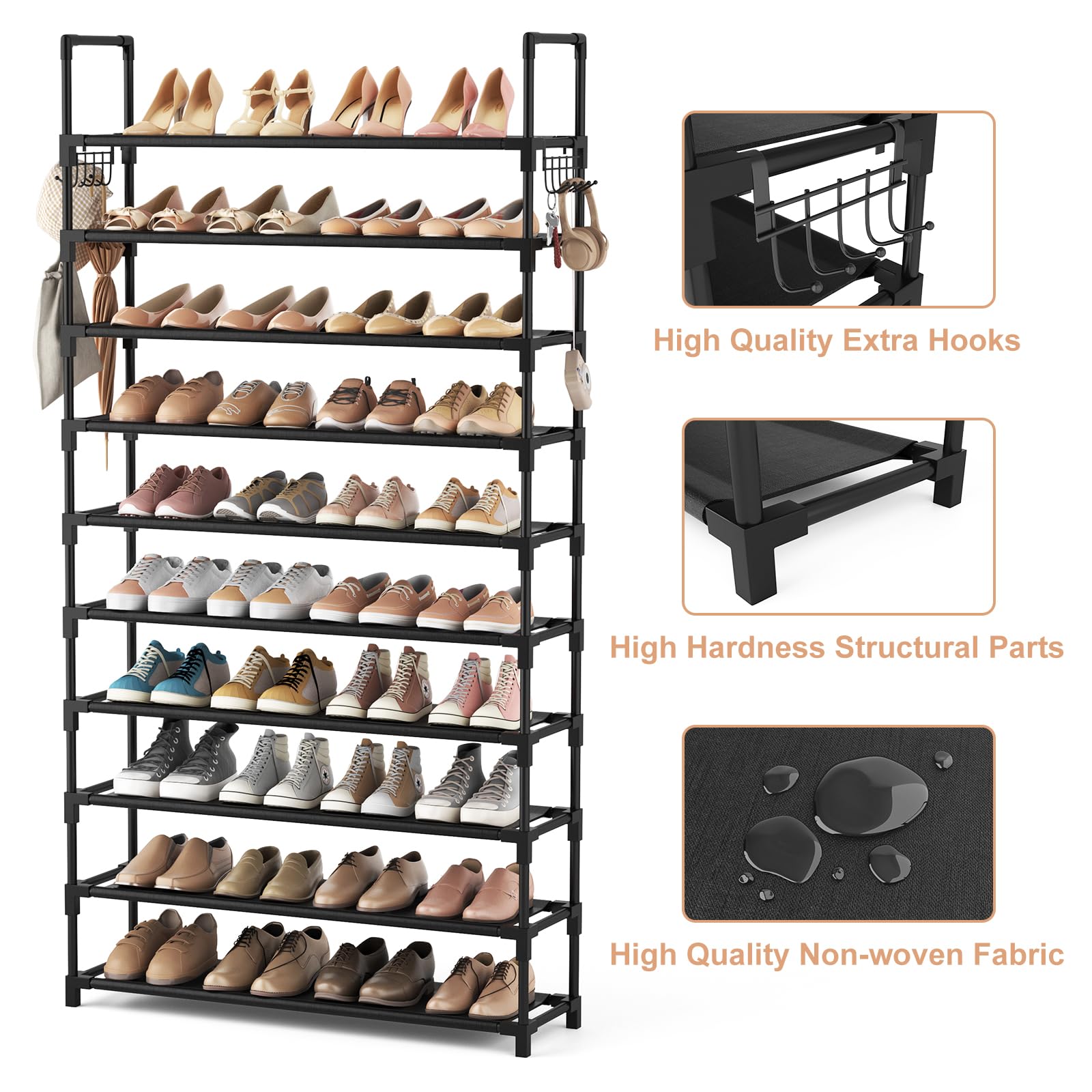 VTRIN 10 Tiers Shoe Rack Tall Large Capacity 50 Pairs Wide Shoe Organizer Sturdy Shoe Shelf for Entryway with Two Hooks Metal Shoe Storage for Closet, Bedroom, Black