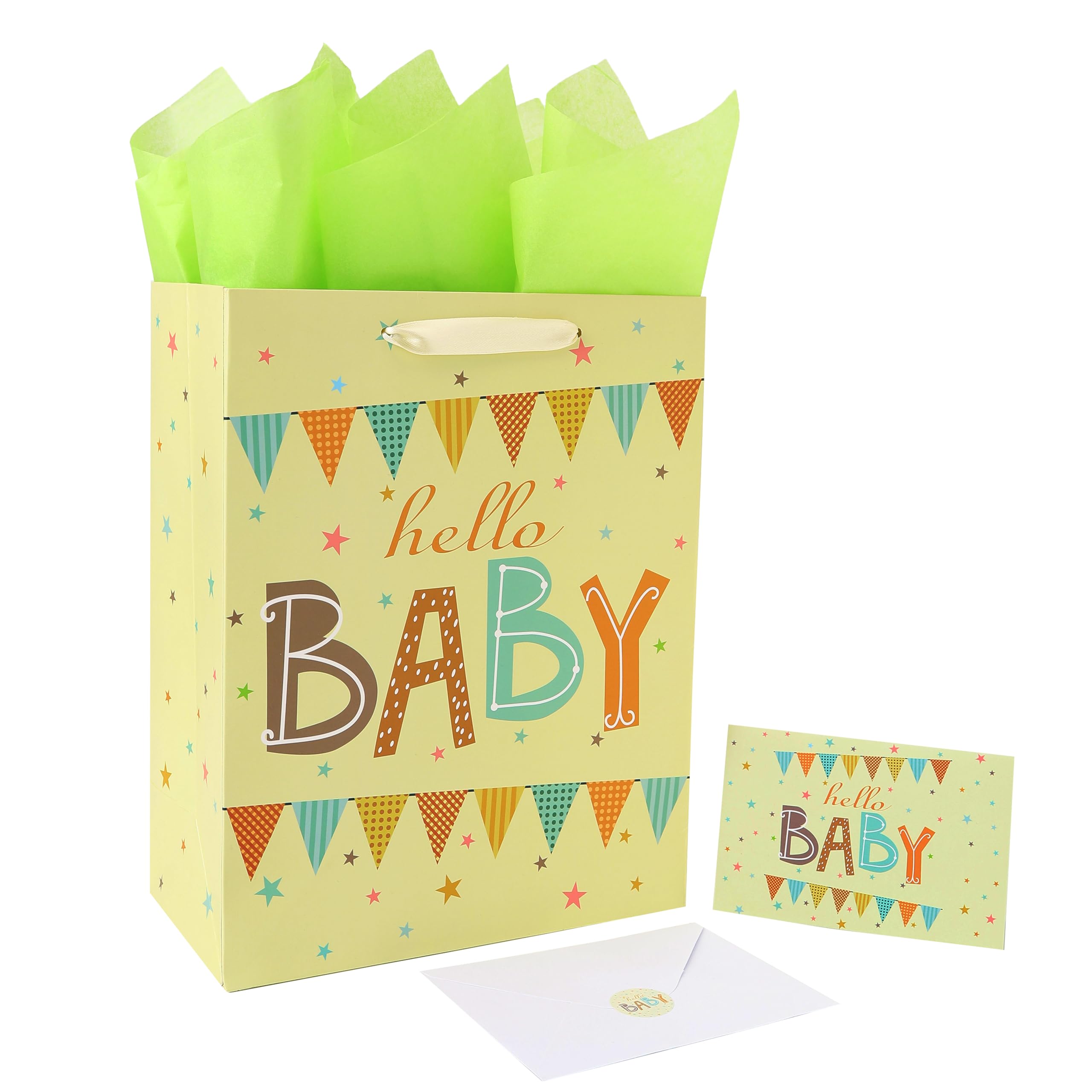 13" Large Light Yellow Gift Bag Set with Greeting Card and Green Tissue Paper(Hello Baby) for Baby Shower,Kids Birthday Party,Baby Boy or Girl, Newborn,New Moms or Parents 10.2”x5.2”x13”, 1 Pcs