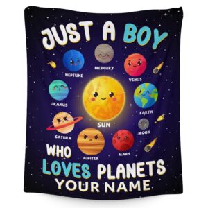 custom planet blanket gifts with name - 40x30 inches cute planets throw blanket for kids, boys & men - dark blue soft fuzzy blankets for lap, chair