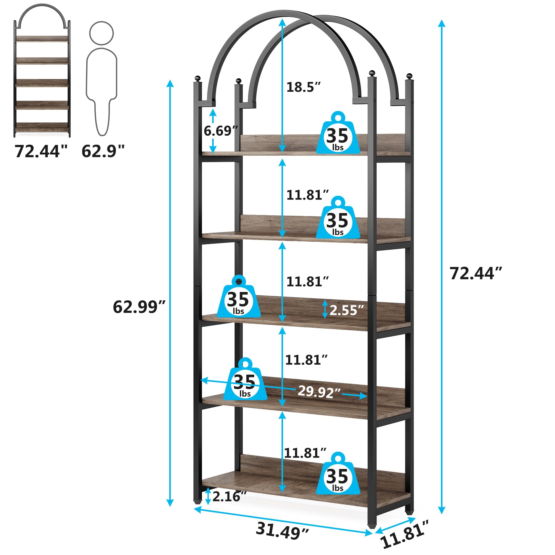 Tribesigns 5-Shelf Arched Bookcase, 72 inch Tall Rustic Wood Shelf with Black Metal Frame, Industrial Freestanding Open Bookshelf for Bedroom, Living Room,Small Spaces (Oak+Black, 1PC)