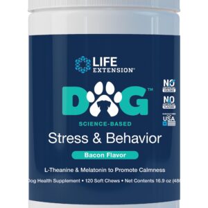 Life Extension Dog Stress & Behavior Soft Chews - Calming Dog Health Supplement - Promotes Relaxation, Calm Behavior and Stress Relief - Melatonin and L-theanine -120 Soft Chews, Bacon Flavor